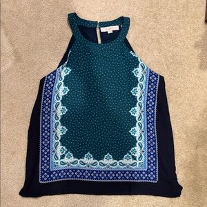 LOFT Teal and Navy Patterned Blouse